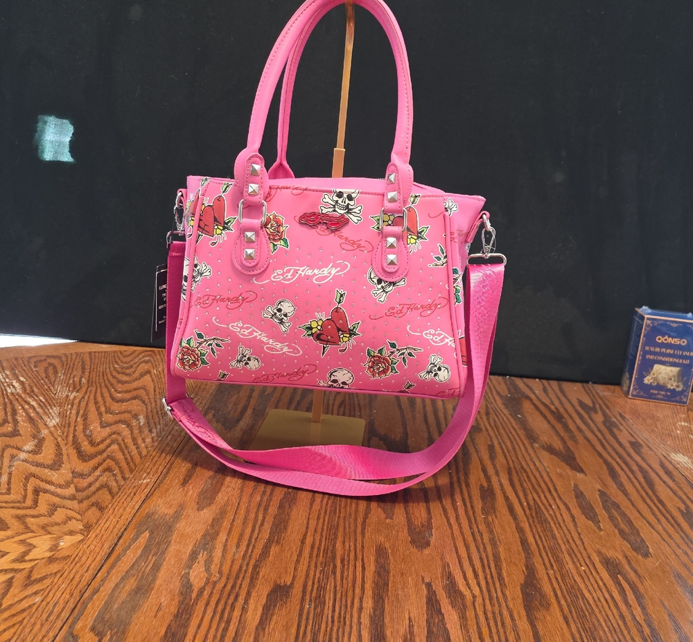 Ed Hardy Pink Tattoo-Print Satchel with Removable Strap